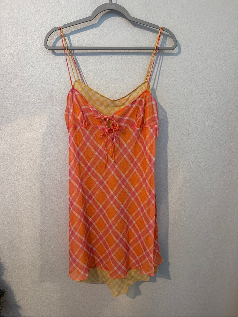 Mango Orange and Pink Plaid Slip Dress with Lace Tie